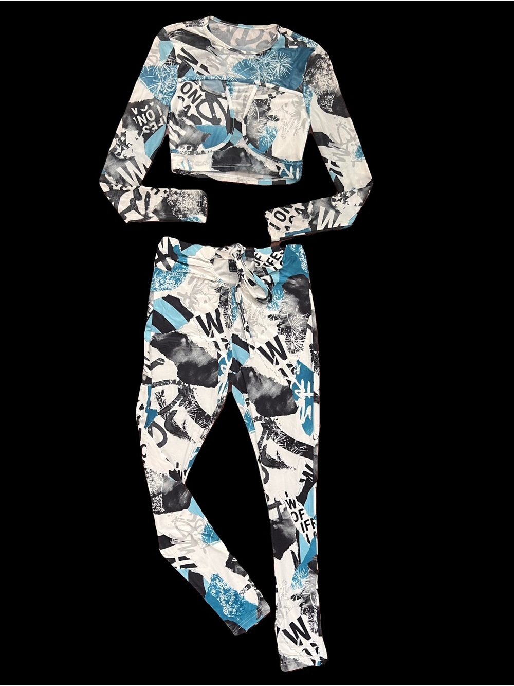 SHEIN Blue/Black/White Graphic Crop Top & Soft Jogger Pant Set